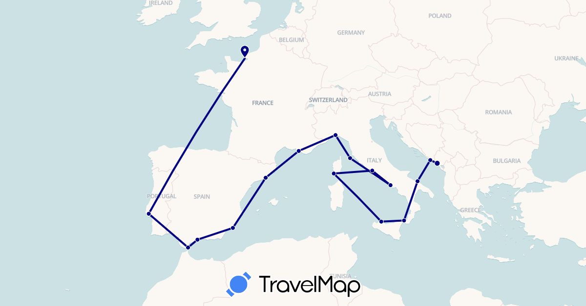 TravelMap itinerary: driving in Spain, France, Gibraltar, Croatia, Italy, Montenegro, Portugal (Europe)